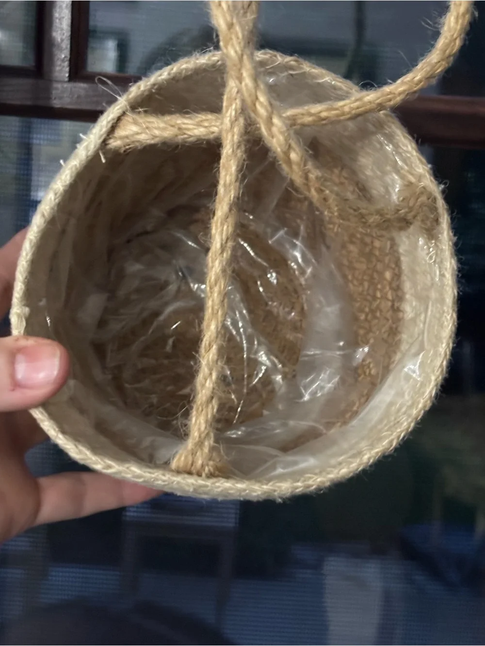 Two-Tone Woven 3-Rope Hanging Planter Natural Cream Jute Plastic lining 4” Home